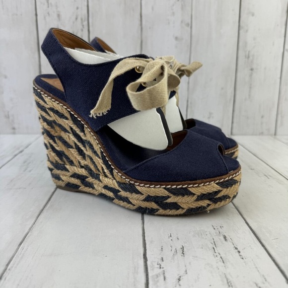 Tory Burch Navy Blue Linley High Open Toe Tie Front Espadrille Wedge Size 5 - Picture 3 of 12